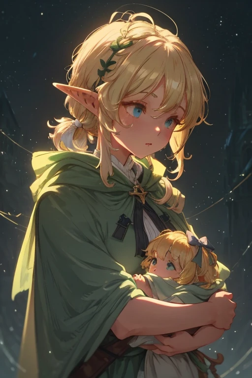 ((1 elf woman)),((holding a child in her arms)),((wearing torn rags and dirty clothes)),((long light yellow hair)),big breasts,dirty face and tirsti,(( leaning , in a wet alley in a medieval city))