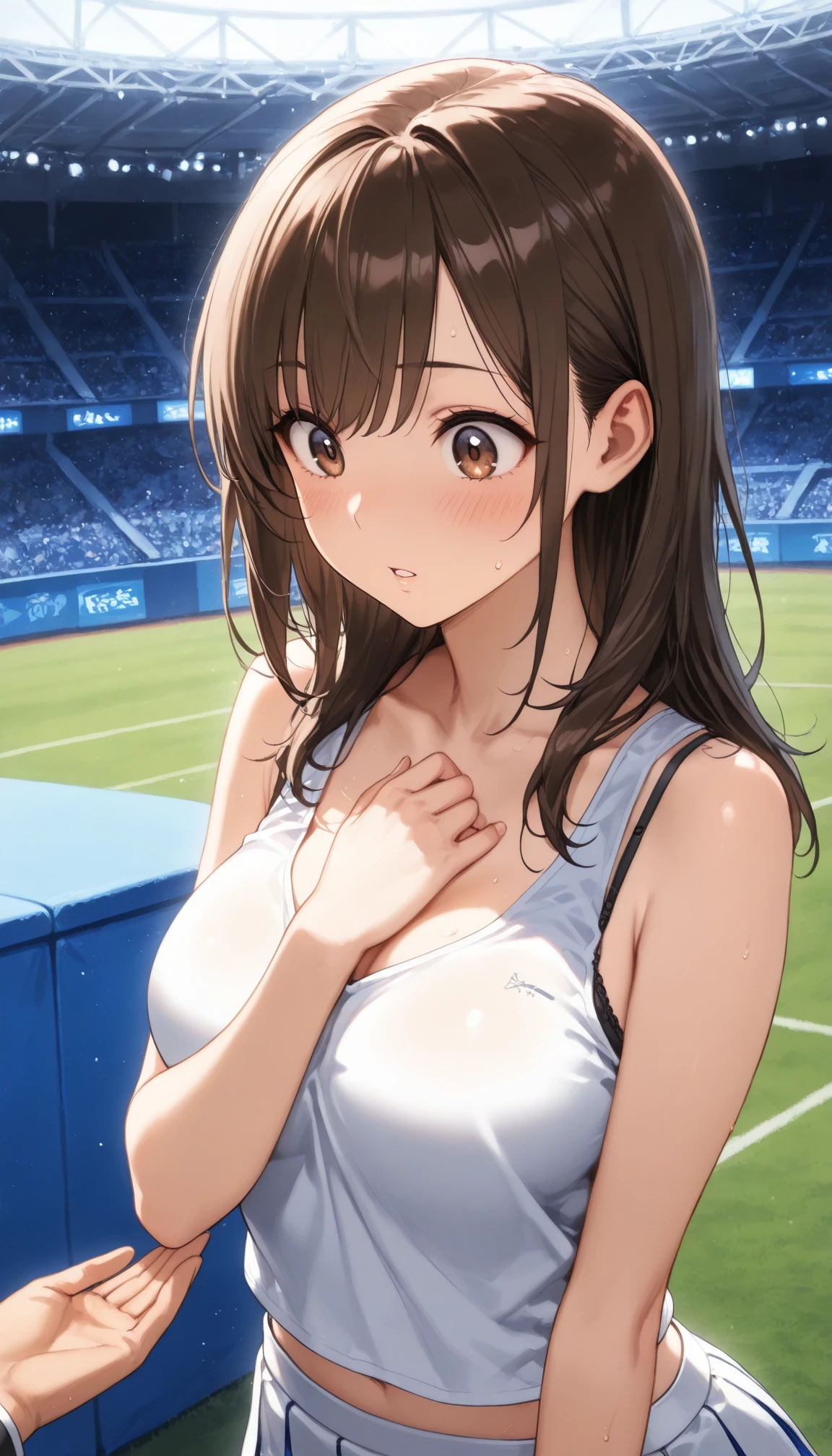 (High quality, High resolution, Fine details), baseball field, Blue Cheerleader, paw pose, solo, curvy adult women, light brown hair, sparkling eyes, (Detailed eyes:1.2), fox ears, smile, blush, (Sweat), (Oily skin), vibrant colors, cinematic lighting, Bokeh, Soft tones, shallow depth of field