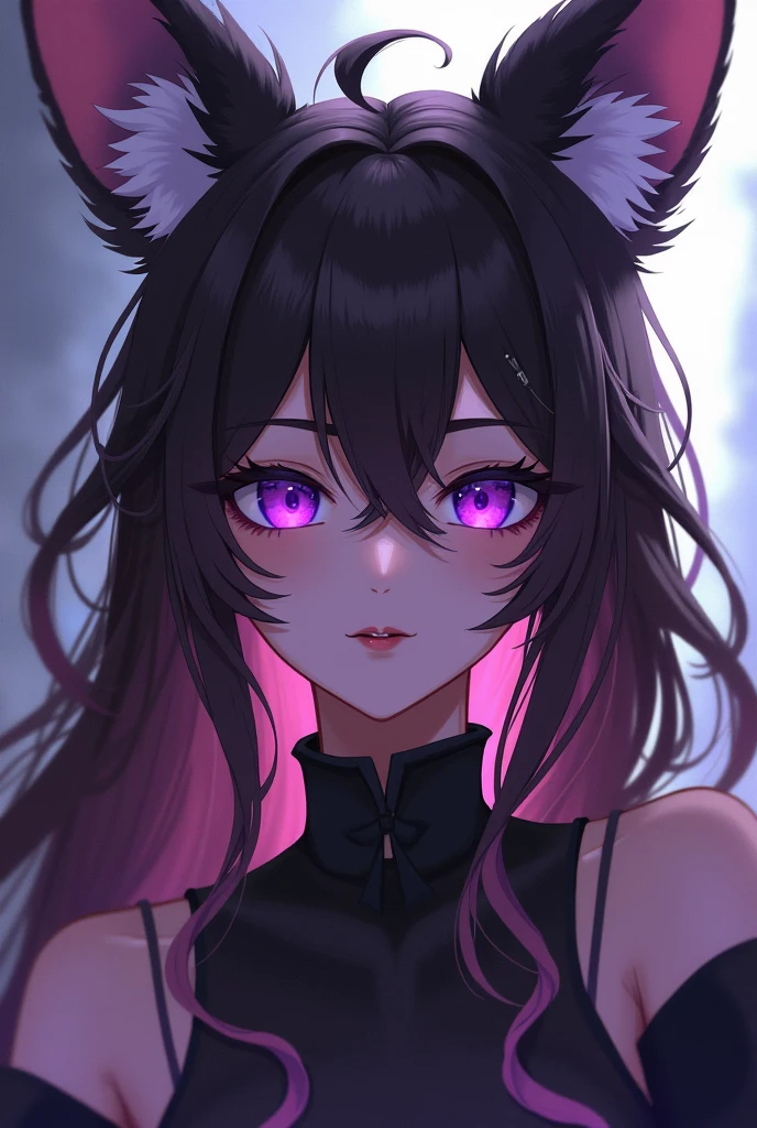 Cat girl, black hair, vertical slit pupils, purple eyes,  serious gaze, cold gaze, emotionless, black clothes, elegant, refined, clean.