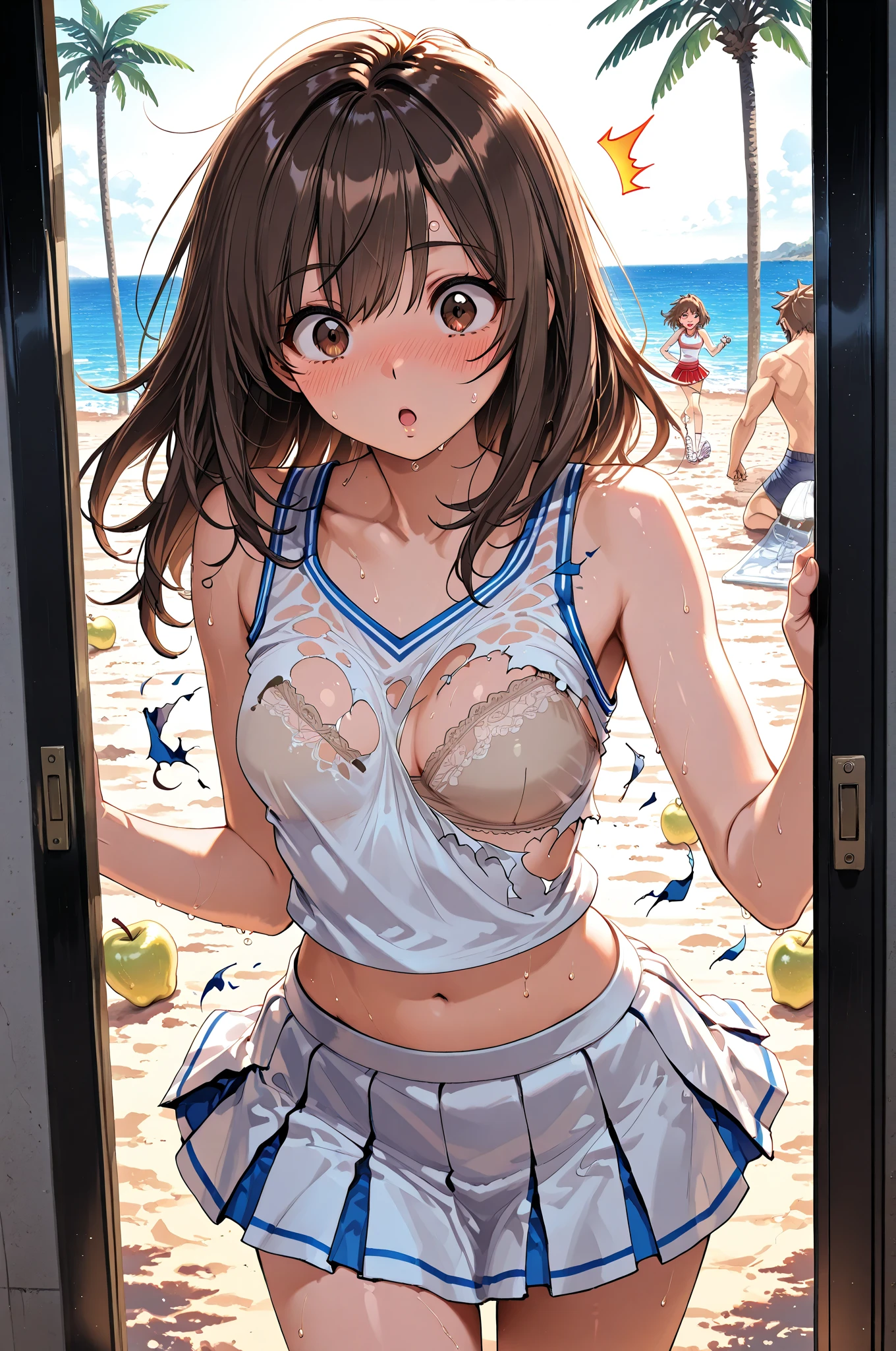 ((Comic magazine cover))(Official Art、highest quality、Unity 8k wallpaper、32K、masterpiece、Very detailed、超A high resolution、Realistic、Photorealistic:1.2)、(Natural soft light:1.2)、fire glow effect、Film Grain、Best Shadow、Rim lighting、Side light、Side Shot、(Highly detailed and complex 3D rendering)、詳細なBeautiful Faceと目、Sharp pupils、Real students、whole body, Sandy Beach、Beautiful Face、blurred background、beautiful girl、Glowing Skin、Beautiful wet black hair、I pulled up my wet shirt(See-through wet shirt)、Wet lime green and white striped panties、(Thighs Thighs:0.9)、barefoot、curve、Dynamic pose、Open mouth smile、(Beautiful ???????:0.9)、(See-through ???????)、((On the beach on Oahu in midsummer))、((flat ?????))、((spread your legs:1.2))、((brown tanned skin:1.3))
