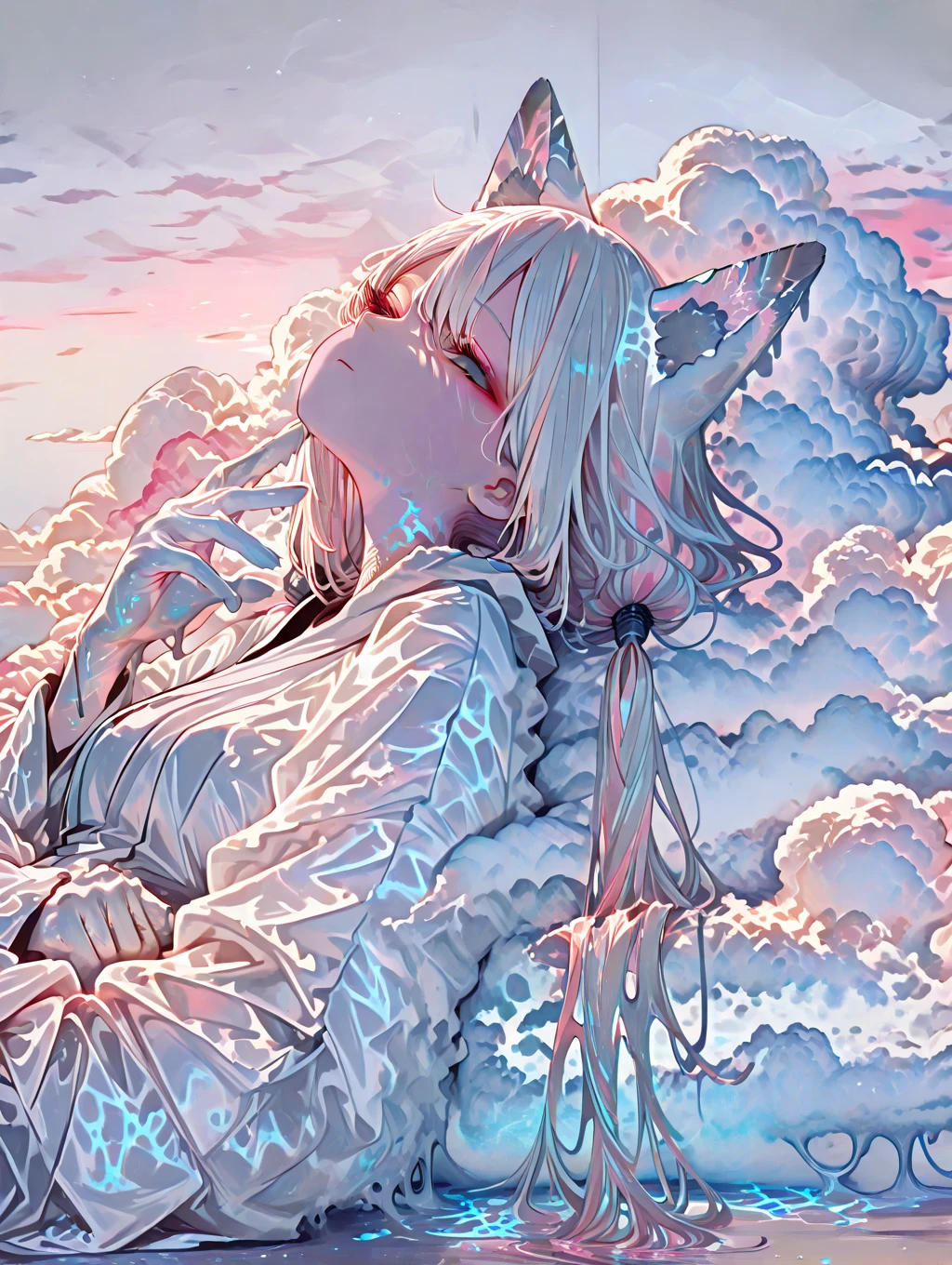 "Dreamy clouds surround a catgirl, lying on her back with closed eyes. A magical mist of clouds playfully peek out, covering her  and With cute cat ears and a furry tail, she has light brown skin that contrasts perfectly with the evening sky. Let the imagination fill in the rest."