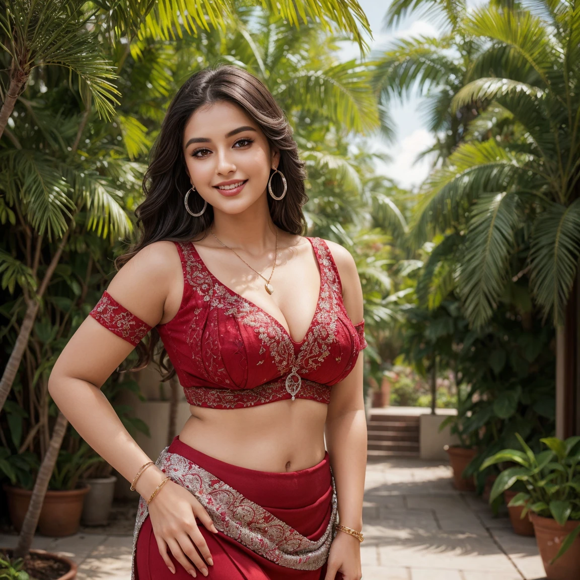 a 26 years old beautiful face cute sexy Indian girl, curvy figure, beautiful different colorful covered design strapless blouse indian ancient saree, big m-cup tight breast, different hairstyle, bright eyes, thin eyebrows, fair skin, blushing cheeks, head to thigh view, smiling face, Kamasutra expression, Straight front view standing beautiful different village river side rock background, ultra realistic, head to thigh view, black hair, Provocative eye Contact, glossy lips, attractive eye contract face, oval cleavage, sunlight effect