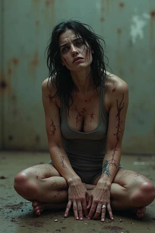 Teen prisoner, (((superbly beautiful))), (((wearing severely torn and messy prisoner's clothes))), (revealing breasts and ), (((partially ))), (detailed face and eyes:1,2), in a dilapidated prison cell, messy short hair, wild yet gorgeous face, , tantalising body, round breasts, shallow cleavage, ((breast way apart)), hairy , curvy, toned abs, firm thighs, iraqi teens, cinematic, ambient mood, hyper realistic, ((real photography)), full body shot, chained to iron bars