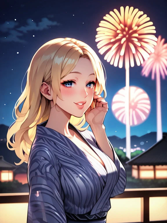 highest quality: 1.2, Very detailed, actualizado, vibrant, Ultra high resolution, high contrast, masterpiece: 1.2, highest quality, better aesthetics), (((A girl))), beautiful woman, Woman in a  pose, wavy hair with reflections, Eyes and lips with lots of detail, brilliant,Yukata, color black with floral print, shoulder-length fireworks, Color the night sky