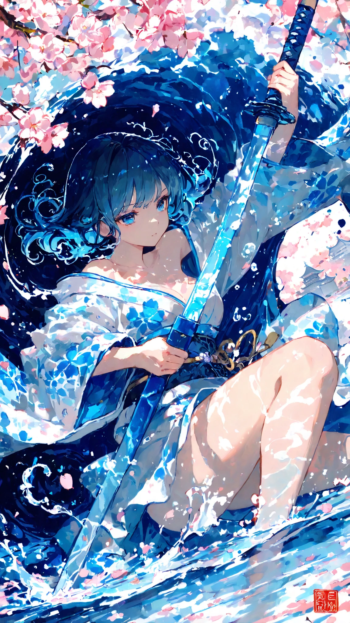 sky Blue hair, (braided ponytail),(pink eyes),fair skin ,(full body),(1 girl),smile,Straight Bangs,(masterpiece, best quality, ultra-detailed, best shadow), (detailed background), (beautiful detailed face), high contrast, (best illumination, an extremely delicate and beautiful), ((cinematic light)), colorful, hyper detail, dramatic light, intricate details,rain shower,kyoto,Japanese Umbrella,kimono,