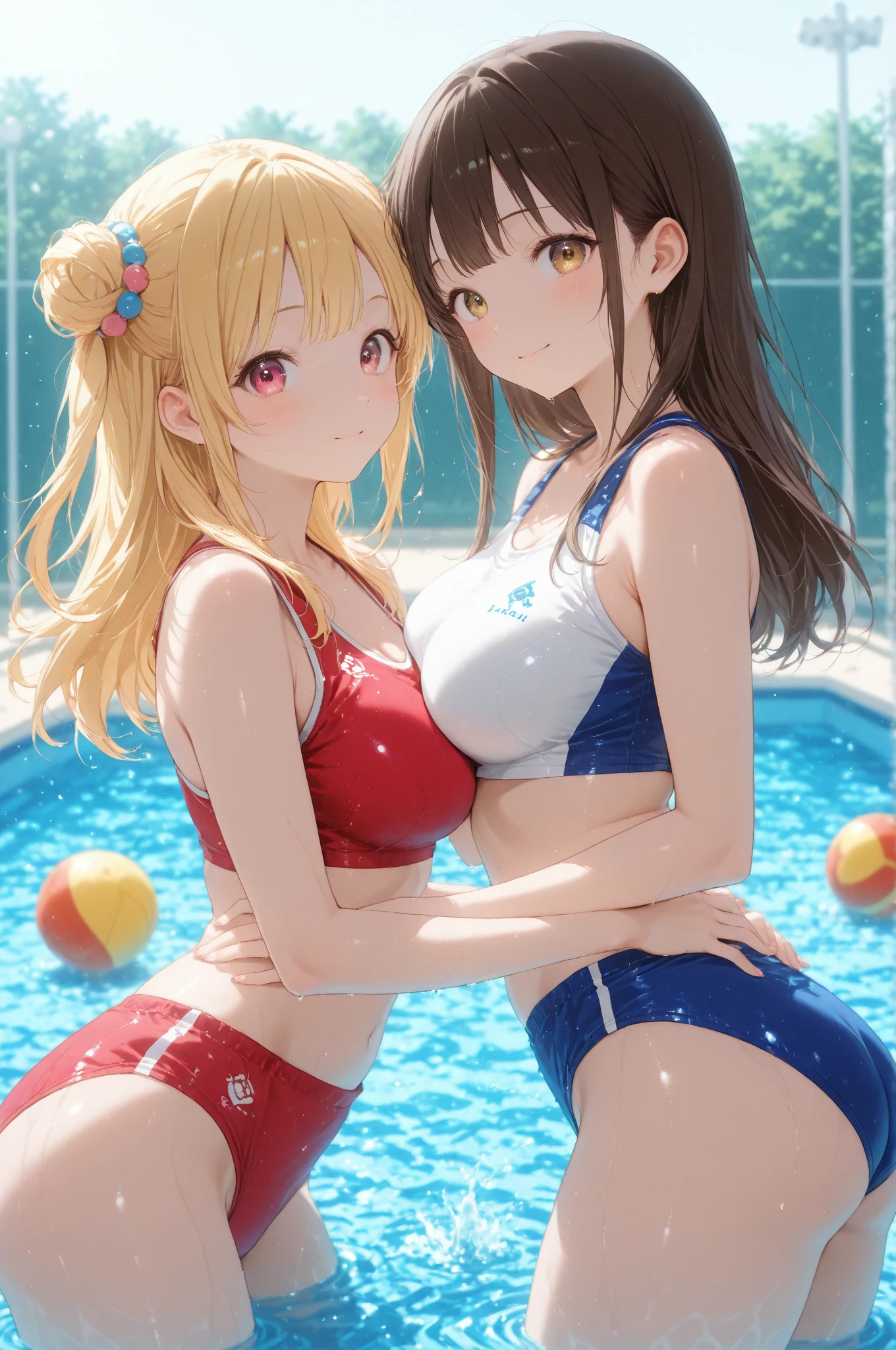 (Highest quality,8k,32K,masterpiece,Ultra-high resolution :1.2 ),born,One girl,Super cute,Natural light,Clear, shining eyes,20-year-old,Fair skin,Night pool-like digital world fantasy background,Two Women,Large Breasts,Big Breasts,Swimwear,bikini, dripping from above,Licking ,Looking up,Condensed milk on the body,Strawberries with condensed milk,milk
