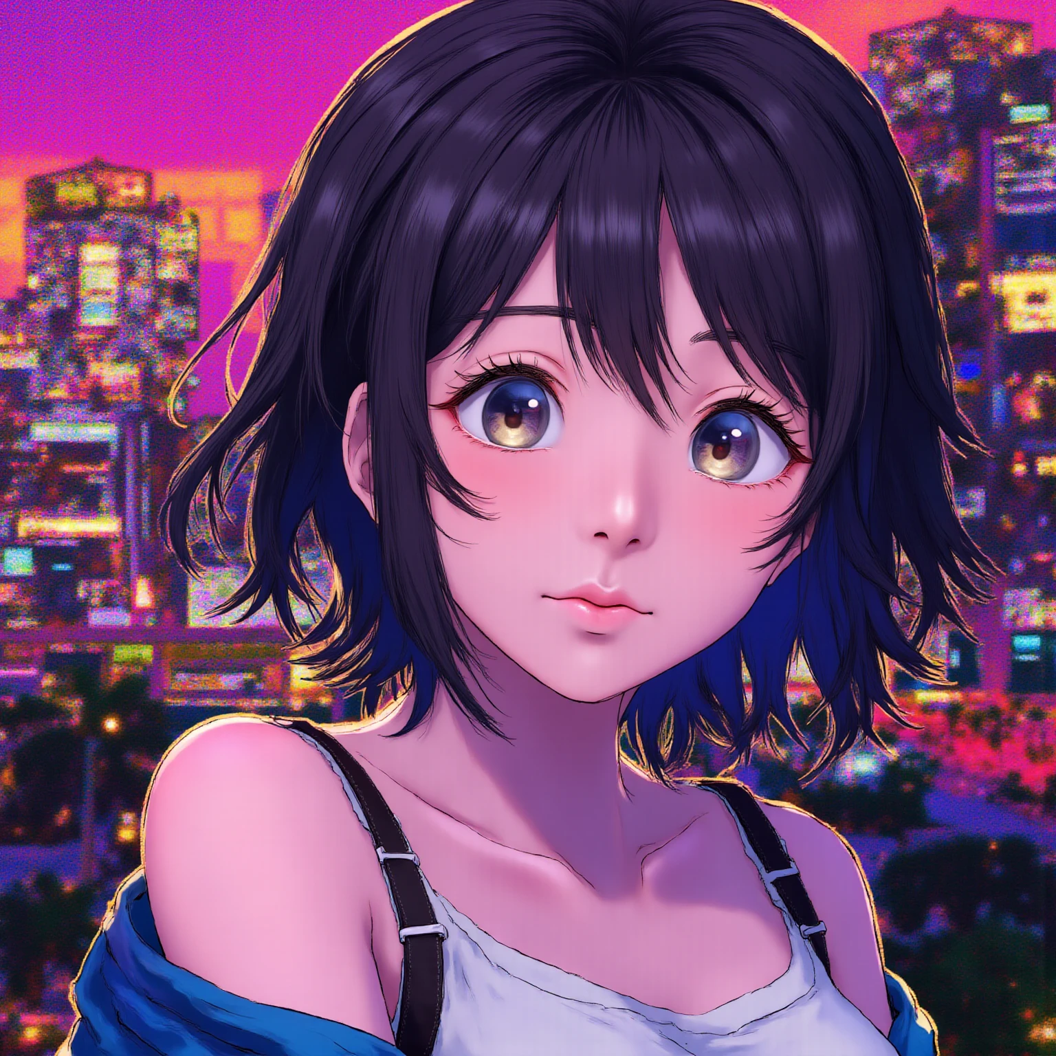 Face focus, portrait, glowing black eyes, Feminine style, a girl, asymmetrical Bangs, Bangs, black hair, OKid, OK, Camera gaze, Smile, night, City, bob hair, abdomen, red lips, shirt, alone, Permanent, OKid, Upper Body, , pink , Perfect body lines, fair kubire, fair, Naughty face