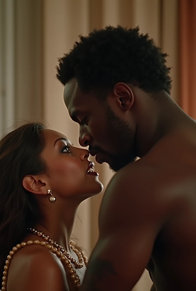 Broderick Hunter and Caucasian actress Jade Tailor share a steamy kiss inside a bedroom lit only by candlelight. Jade has lovely makeup on her face. Nighttime. Romantic ambiance. Symmetrical eyes. Symmetrical faces. Lovely details. Photorealistic. Full-colored photo. Professional photo. Highly detailed 8K.