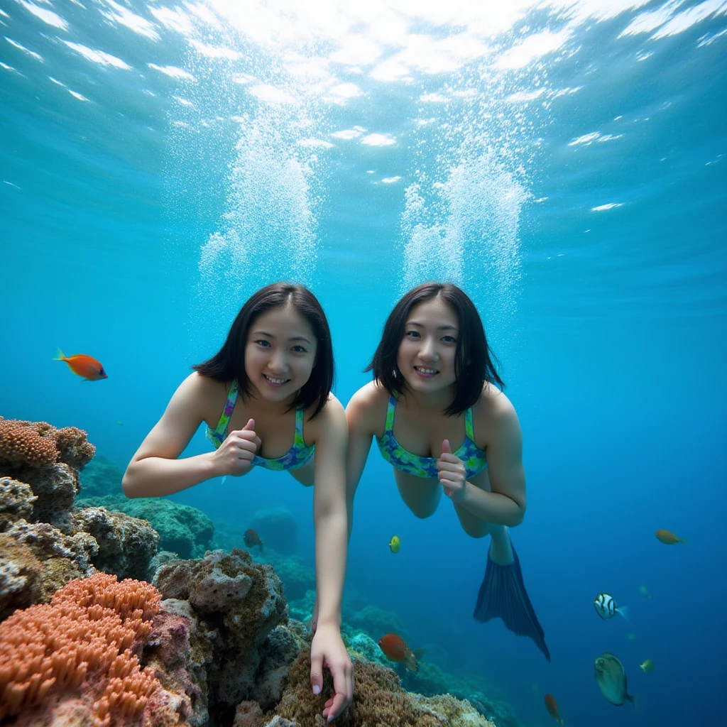 best quality, ultra high res, (photorealistic:1.4), 4 Young Thai girls with blond hair and a bodybuilder physique, hair floats in water, underwater, (sports bra: 1), beautiful detailed, surrounded with sharks, taking selfie