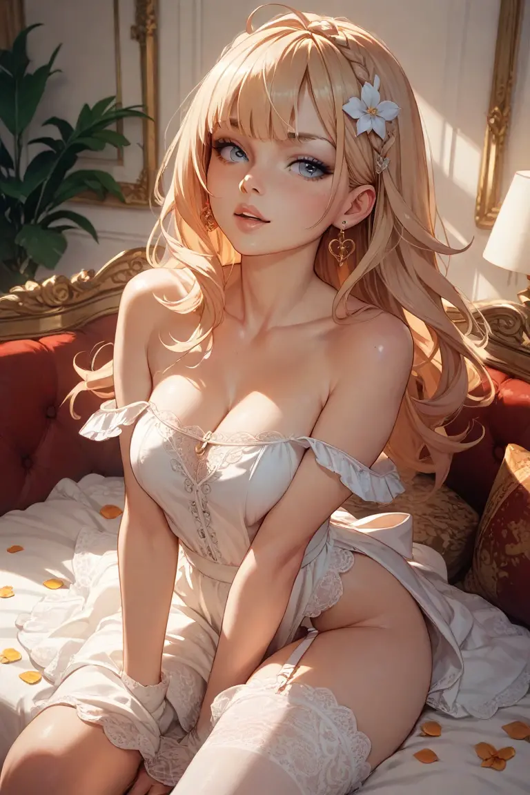 1girl, 18years old,blonde hair, one length hair, blue eyes, nude,pubic hair,  posing on the bed, room,BREAK masterpiece, best quality, absurdres, cowboy shot, oil painting style, thick paint texture, visible brushstrokes, impasto technique, rich colors, glazing effects, canvas texture, palette knife details, chiaroscuro lighting, warm undertones, layered paint, depth and dimension, painterly realism, slightly blended edges, traditional art medium, classical portrait style