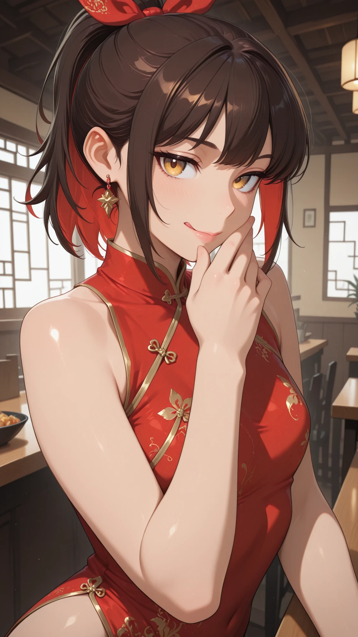 young girl, short gray hair, hair in a bun, red-eyes, smirk, grey chinese dress, translucent, fan, smirk, Sits, Masterpiece, hiquality