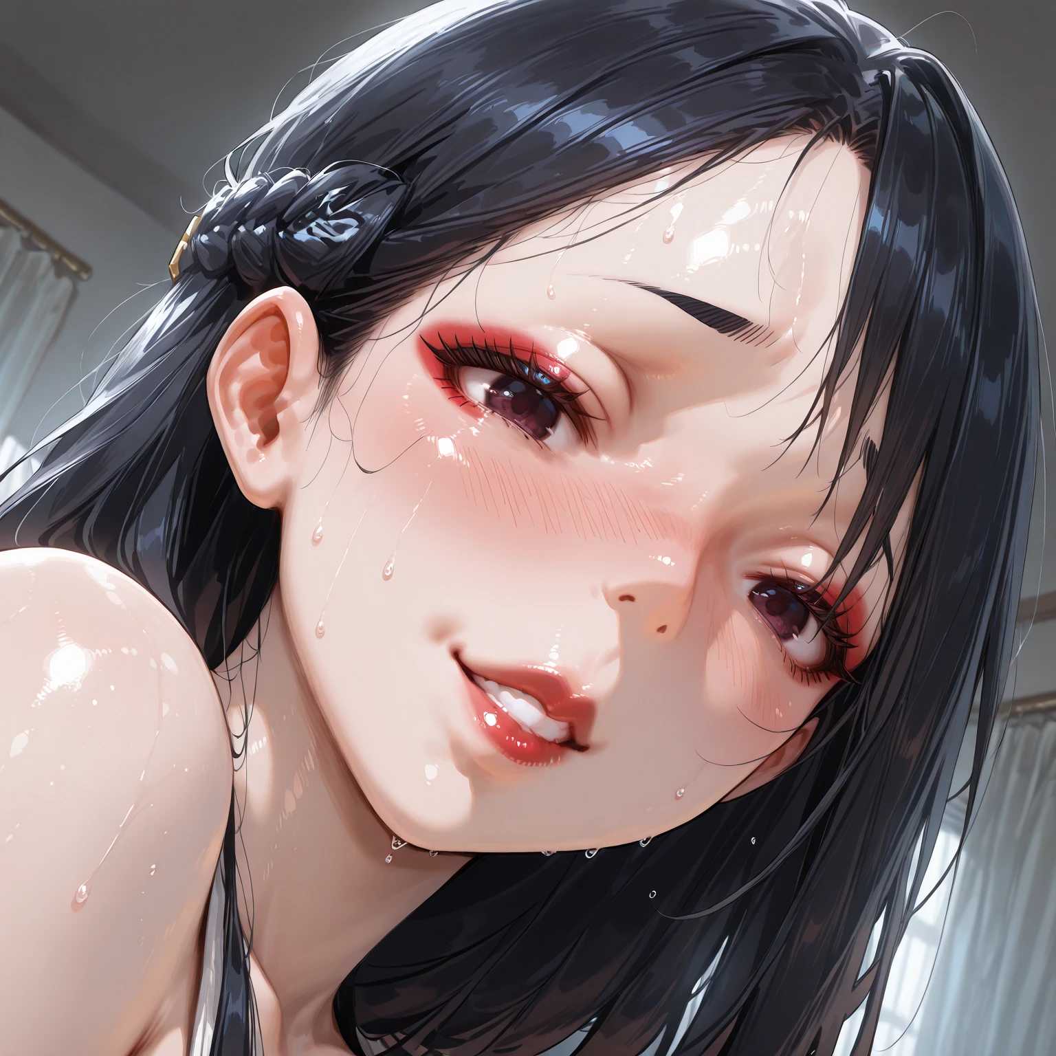 ((masterpiece, best quality)), highres, 8k, cinematic light, high contrast, depth of field, intense glow, simple background, darkness, abyssal, 1girl, cute, naughty,  smile, perfect arms, perfect hands, perfect fingers, detailed fingers, (heterochromia), (completely :1.3), detailed collarbone, perfect collarbone, close up, close shot, portrait of a girl, detailed eyes, glowing red eyes, sparkle in eyes, detailed iris, grin, stylized, (messy hair), (hair over one eye), luminous, fangs, demon horns, red horns, mouth wide open,  out, (heavy rain:1.3)