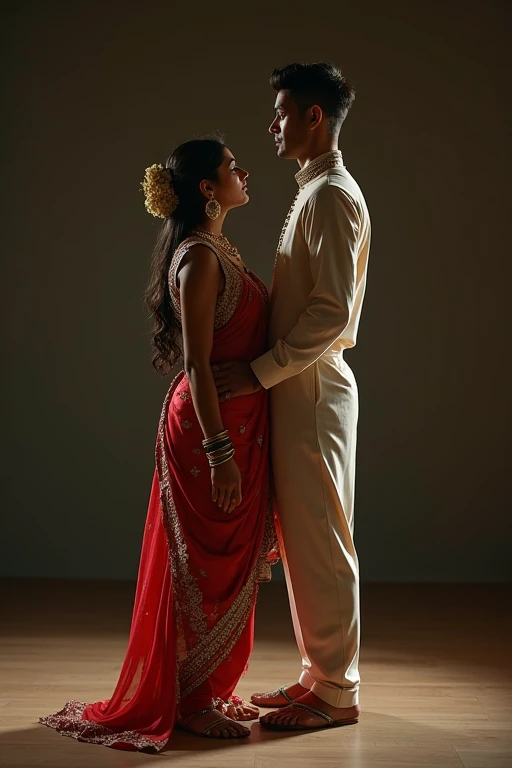 
Indian bride and groom walking through the steps back view 3d image