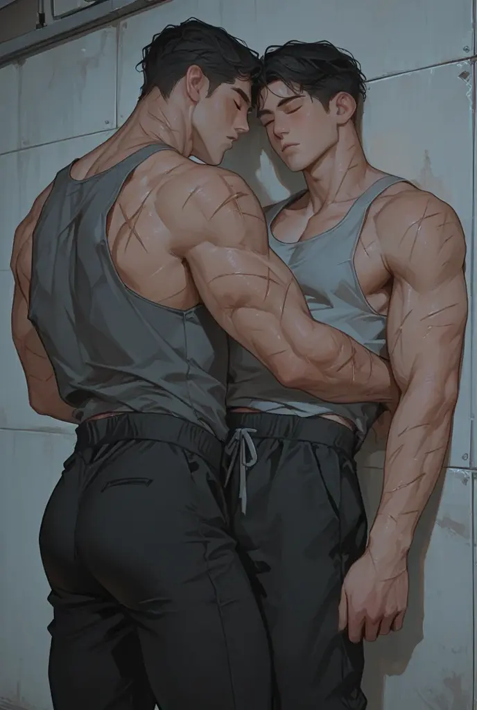 1 guy drunked and fondled by another skinny gay guy, 2 hombres, cuerpo completo, vello facial rapado, usar ropa interior, bulto grande, enorme_, mostrando pectorales y abdominales completos, mostrando _Blanco_Translucent_Underwears, wet dreams, Great , bulto grande, besos, pornographic