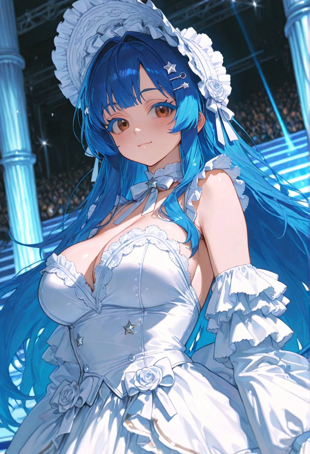 (masterpiece, Best quality: 1.2), One, 1 girl, Konosuba ,Water, Smile on your face, looks at the viewer, blue hair, Hair rings, your legs are ,  hands, bunny suit, false rabbit ears, (huge breasts:1.2), Heart of the thigh, Hands to the side