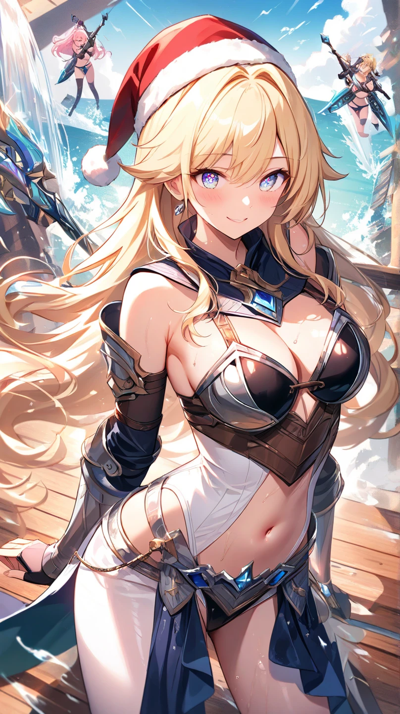 Very detailed、highest quality、Best image quality、masterpiece、8k、Anime Face、A kind smile、Open your mouth、Sparkling blue eyes、(Blonde wavy hair:1.5)、、Muscles of the whole body、camisole、Thigh belt、mini skirt、(Wearing gold  armor:1.5)、(Cowboy Shot:1.5)、(Leg armor:1.5)、(Wearing a helmet:1.5)