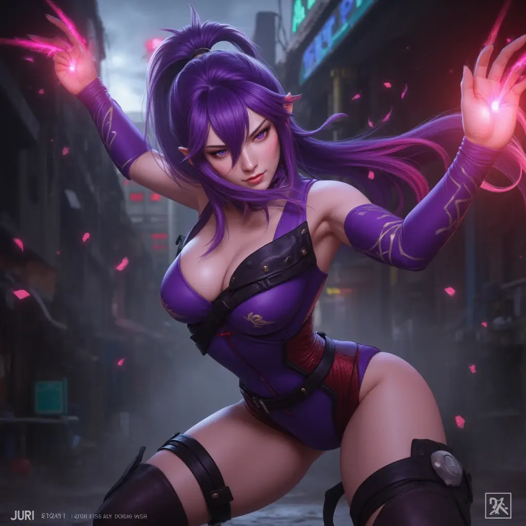 Ninja girl, cleopatra hair, rainbow hair, ponytail hair, extreme muscular body, huge breasts, huge ass, fair skin, fishnets, pink ninja outfit, ninja mask, oni horns and blue eyes.