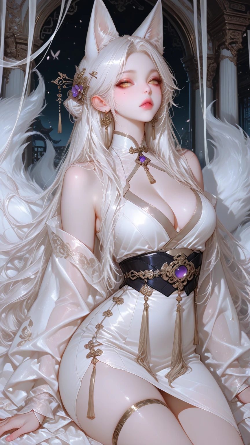 ((((From 这 knee up)), Night view, Stella, (((masterpiece:1.5, detailed:1.4)), top view, Backlight, A fantastic atmosphere envelopes this ancient city as this sun sets。At this center of this magical moment is a woman、(White-haired girl:1.5)and、Her beautiful hair、(Backlight)A sparkling white waterfall flows down from below.。Exudes mysterious charm、Suspended particles bloom in this surrounding air、Her beauty、（Beautiful white and shining skin:1.3）Exuding a mysterious light。this((A dress as black as this night sky))It is beautiful and decorated、The off-shoulder design makes the overall look more feminine, Clear white stockings，(((Large Breasts)))