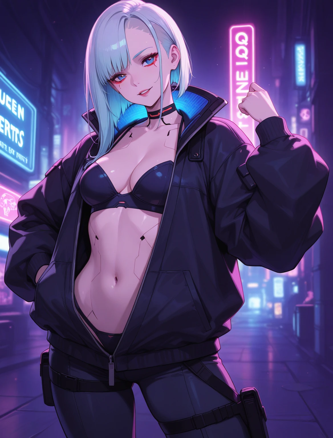 girl spacepunk,(((1girl))),((anime girl with extremely cute and beautiful white hair cat ears walking seductively down the street)),

(large breasts:1.4),saggy breasts,((((white wavy bob hair:1.35,messy hair, colored inner hair,ear breathing)))),((((cat ears,cat ears on head,big cat ears)))),((azure blue eyes:1.3,upturned eyes:1.3,perfect eyes,beautiful detailed eyes,rainbow glows ultra-detailed deep azure blue eyes:1.1,gradient eyes:1,finely detailed beautiful eyes:1,symmetrical eyes:1,big highlight on eyes:1.2)),((fat)),(((lustrous skin:1.5,bright skin: 1.5,skin tanned,shiny skin,very shiny skin,shiny body,plastic glitter skin,exaggerated shiny skin))),(spider lower abdomen,narrow waist,wide hip,athletic body,inflated legs,delicate detailed fingers,detailed body,detailed arms,human hands,(detailed face)),

cute,slutty,,,((())),

zettai ryouiki,revealing clothing,show skin,((((underboob)))),(cleavage),(semi-,with little clothing,((tiny )), legs,visible  straps),((((dark red crop top hoodie,cropped hoodie,hoodie,hoodie intricate)))),((detailed outfit,detailed clothes)),

(dynamic pose:1.0),solo focus,embarrassed,centered,scale to fit dimensions,Rule of thirds,

outdoors,((night view)),(very pretty city neon synthwave,cyberpunk night street Background:1.5,dark sky,thick clouds),future vehicles,((neon lights)),thick clouds,(cyberpunk style,neon lights, (synthwave theme background), lonely street),(((detailed background:1.25))),

(best quality),(high resolution),(sharp focus),(ultra detailed),(extremely detailed),(extremely high quality artwork),8k_wallpaper,(extremely detailed CG 8k),(very fine 8K CG),((hyper super ultra detailed perfect piece)),flawless,(((masterpiece))),illustration,vibrant colors,(intricate),High contrast,Selective lighting,Double exposure,HDR (High Dynamic Range),Post-processing,Background blur,