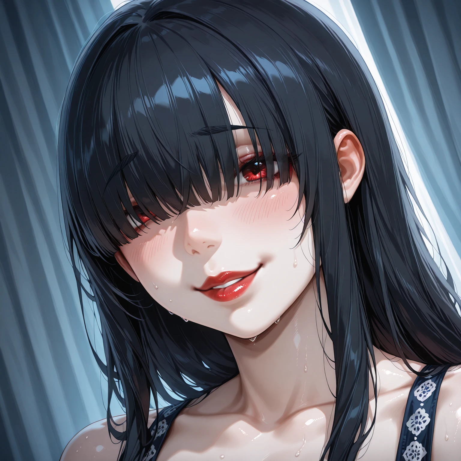 masterpiece, zoom out, score_9, score_8_up, score_7_up, portrait, 1 girl, alone, black hair, long hair, long parted bangs, white eyes, black sclera, (blood tears, small smile), evil, parted lips, expressionless, big breasts, upper body, V-neck strap basic dress, black bottom, best quality, long split bangs.