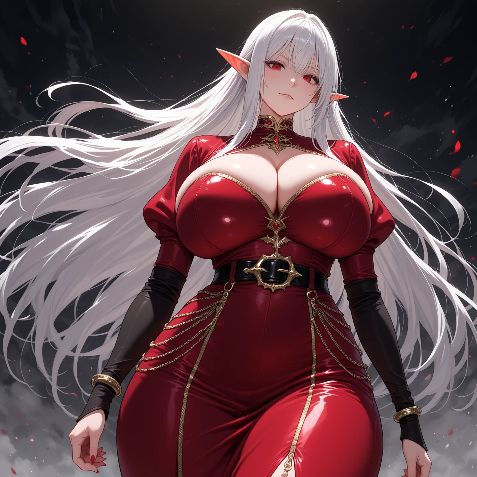 ((BLACK BACKGROUND,1:2, masterpiece)), full body  BIMBO standing with two long thighs and two metal sandals, red eyes, silver white hair, short bob style hair, big breasts, cleavage, separate sleeves, tiara royal, long cape up to two feet, yellow bikini, hands on waist, navel,  smirking smiling, smile face (red blushed, red cheeks), metal shoulders, gold sleeveless armbands, black leather choker slave collar, shackle bracelets,  slave red crest, pauldrons, breastplate, corset, eye focus, full body, whole body. 1solo . slave fighter, loincloth standing, hands on hips, metal sandals, backpack, choker, big belt, view from below, feet together, bracers, tiara