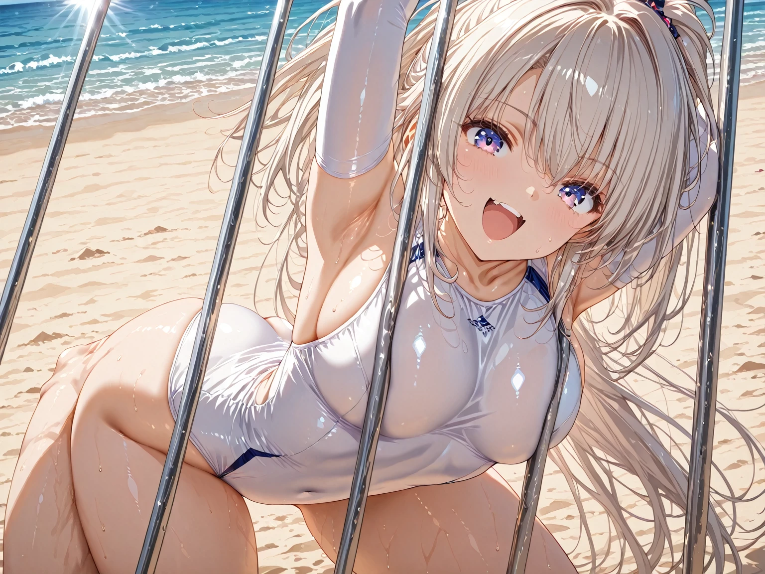 (NFSW)、(High resolution:1.5)、((Anatomically correct:1.5))、Highest quality,Very detailed,masterpiece,Super detailed,alone,(A 13-year-old Japanese girl),(Summer School Uniforms), Seraphim, (skirt),  smile, Thigh  images: 1.5、(((barefoot)))、Her thighs reflected in the water、reflected in water:1.5、(I can see her white )、Cleavage、Clear,  water、Summer sun、はしゃいだsmile、Beautiful Eyes、(Face in detail)