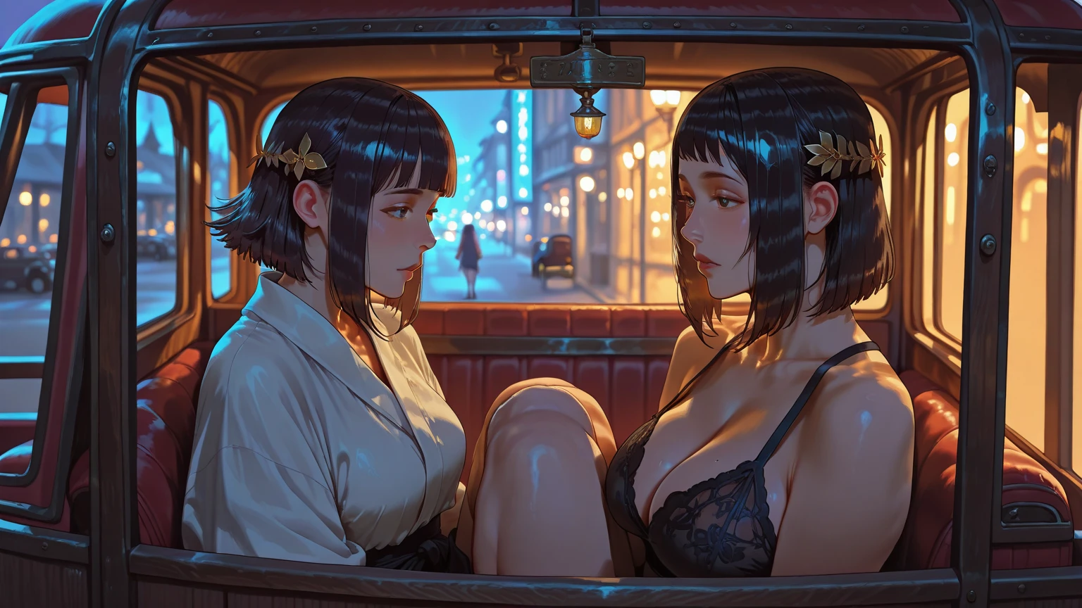 (neocruz and junkotvv), (hands on thighs, backwards, Heavyweight, girl with leather jacket:1.2), picture of a couple inside a Taxi at evening, 1 guy with a beard, male focus, Tall Man, soon one, male with leather jacket,  evening:1.4) (Taxi, evening, auto, Backseat, looking at another:1.3) BREAK