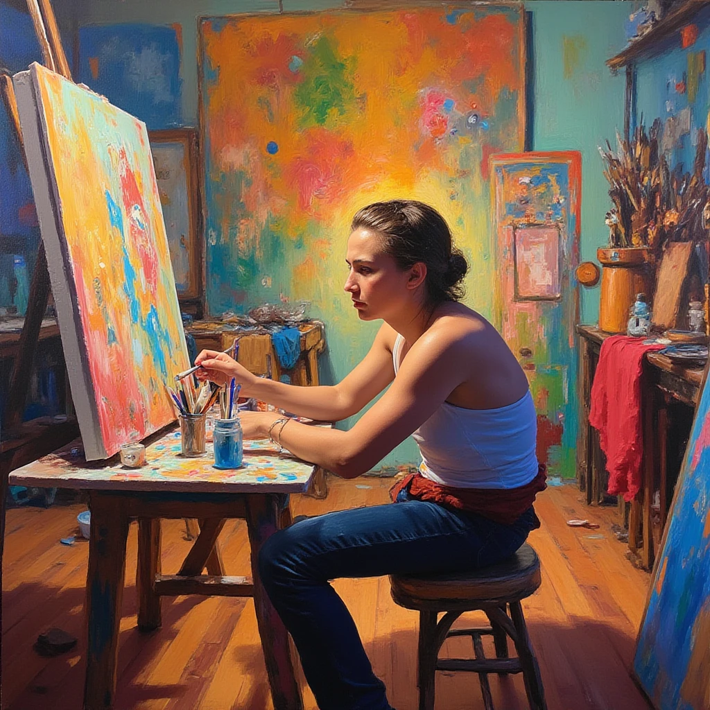 ((((A man painting))) a ((( art))) of a curly haired woman (on canvas:1.5)) (oil painting, water colors, moder art), ((modern style)), ((hanging on the wall)), living room, analog photo, (polaroid), art, painting