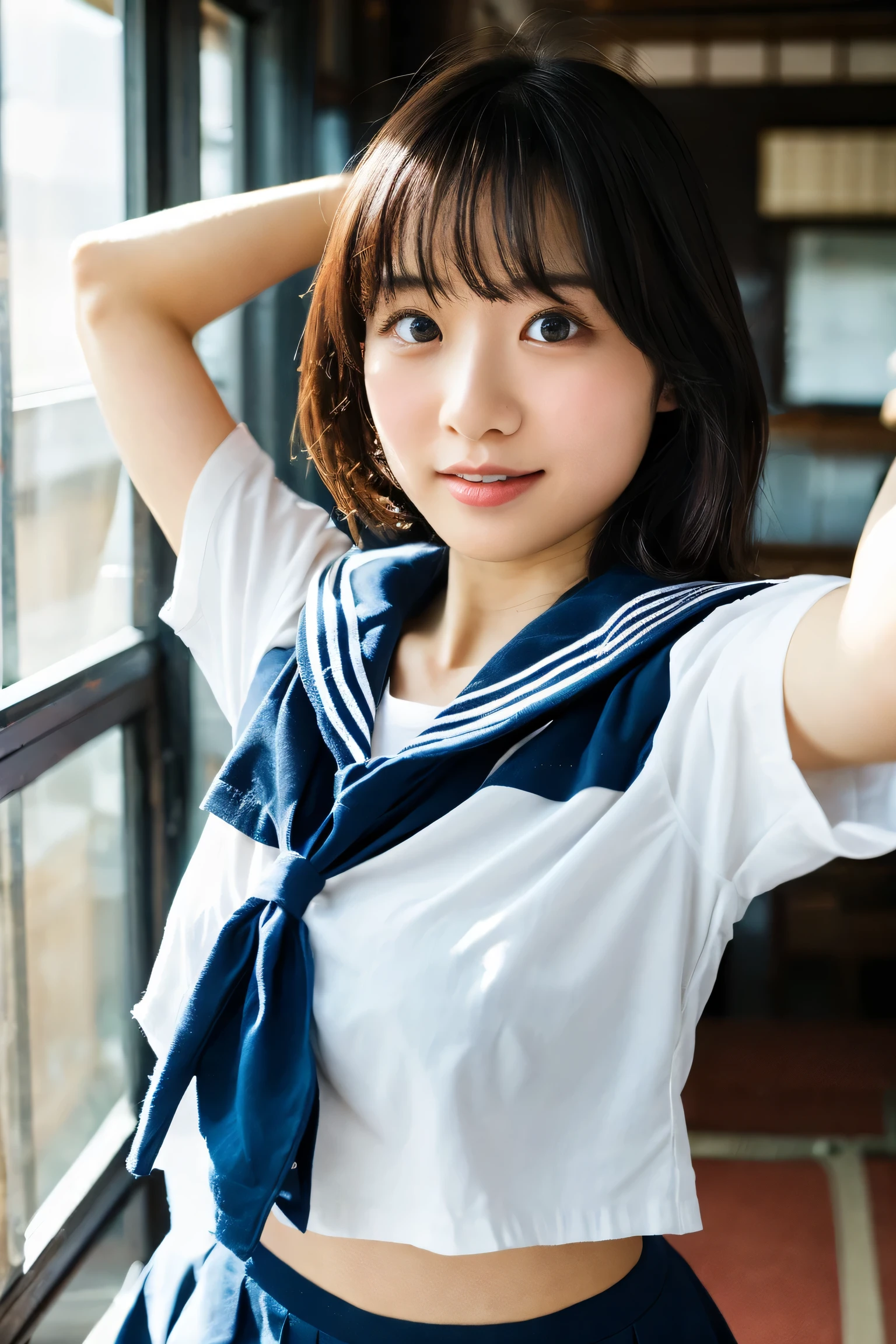 (A beautiful girl taking shelter from the rain under the eaves:1.5), 17 years old, (Highest quality:1.4), (Very detailed), (Very detailed美しい顔), look, Evenly balanced eyes, (Short-sleeved sailor suit :1.3), (School uniforms:1.3), Beautiful face and eyes, iris, Medium Hair, The Beauty of Japan, School bag, (Skinny body type:1.3), (Flat :1.3), (Rain-soaked skin:1.5), Smooth, Very detailed CG synthesis 8k wallpaper, High-resolution RAW color photos, Professional photography, Light, BackLight, dream-like, impressive, Written boundary depth, High School Building, (Face close-up:1.5), (Shooting from the front:1.5)