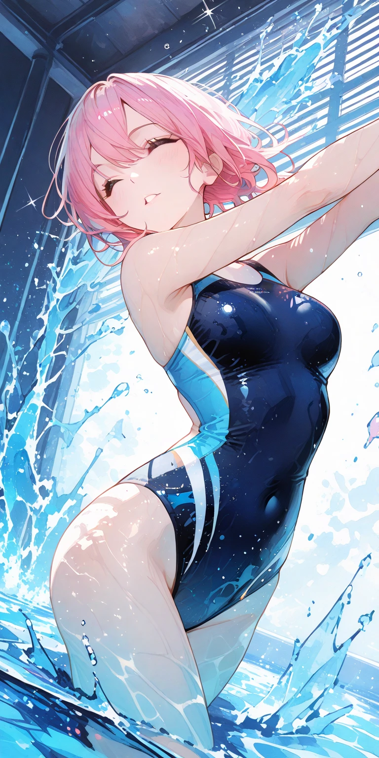 score_9, score_8_up, score_7_up, source_anime, 1 girl, , multicolored hair, pink hair, white hair, two toned hair, brown eyes, swimsuit, underwater, light blue atmosphere, air bubbles, hands behind back, light smile, masterpiece, best quality, highres, 4K, 8k