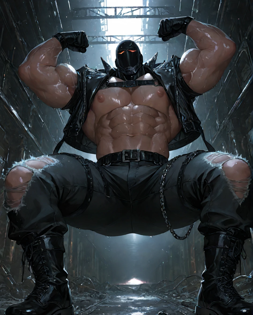 barret, dark skin male with gun arm and tattoo, sunglasses, bulk ,  , (black ) , full body , black boots , bulge , laying 