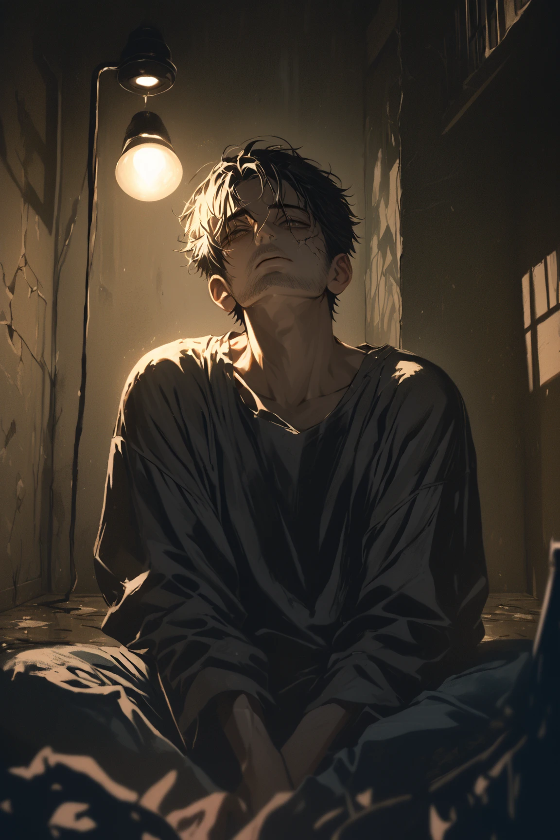 a sad prisoner looks out of his cell through metal bars with his hands on the bars, 4K, ultra HD, artwork