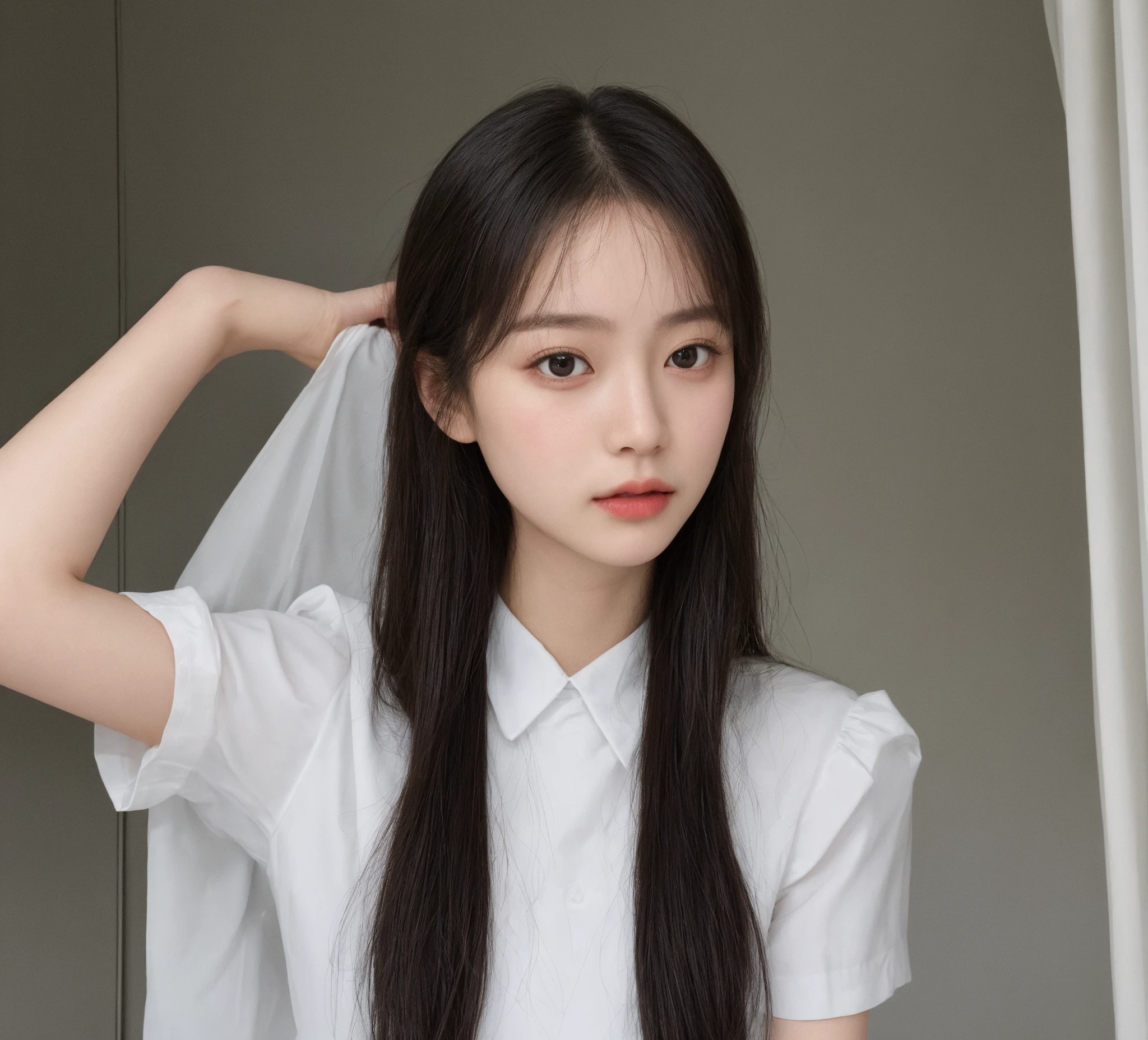 korean model , slim body , 167cm ,Movie Angle,long black ponytails hairstyle, (Cute girl, correct,loose shirt,( art,geomerty),(plethora of colorest quality,high detal,tmasterpiece,Cinematic lighting effects,4K,Chiaroscuro)