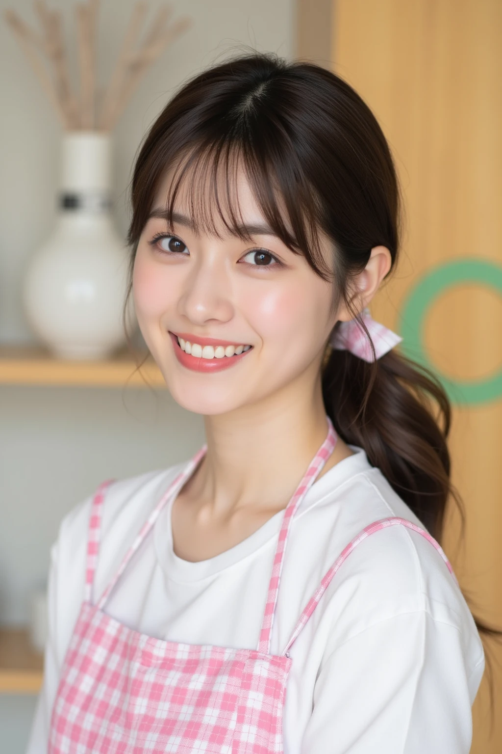 (Highest quality、Tabletop、8K、Best image quality、Award-winning works)、1. pretty girl、(wavy twin tails:1.1)、( and white apron:1.2)、(The perfect pure white apron:1.3)、Perfect girl portrait photo、Glowing Skin、Brown Hair、(Large :1.3)、(Accentuate your body lines:1.1)、Standing Elegantly、(Face close-up:1.3)、Woman looking up at me、Cute Smile、(The simplest solid white background:1.5)