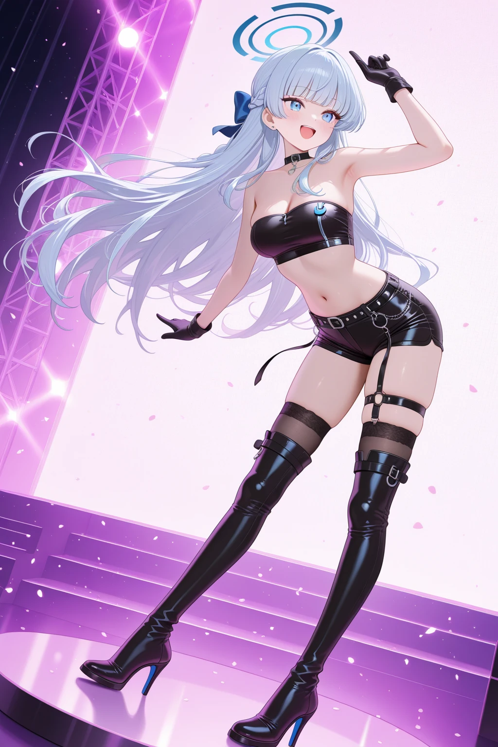 (best quality,4k,8k,highres,masterpiece:1.2),ultra-detailed,(realistic,photorealistic,photo-realistic:1.37),single girl, idol, white hair, long hair, cute, detailed eyes, detailed lips, slim figure, youthful appearance, confident expression, standing in front of the stage, pink electric guitar, black , revealing top, ample , spotlight, vibrant colors.