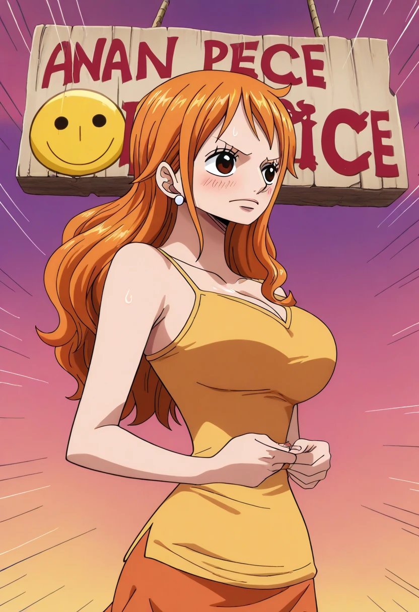 a cartoon picture of a woman in a bikini top and jeans, nami one piece, nami from one piece, nami, beautiful portrait of nami, from one piece, oppai, oppai proportions, blue eyes, smoking