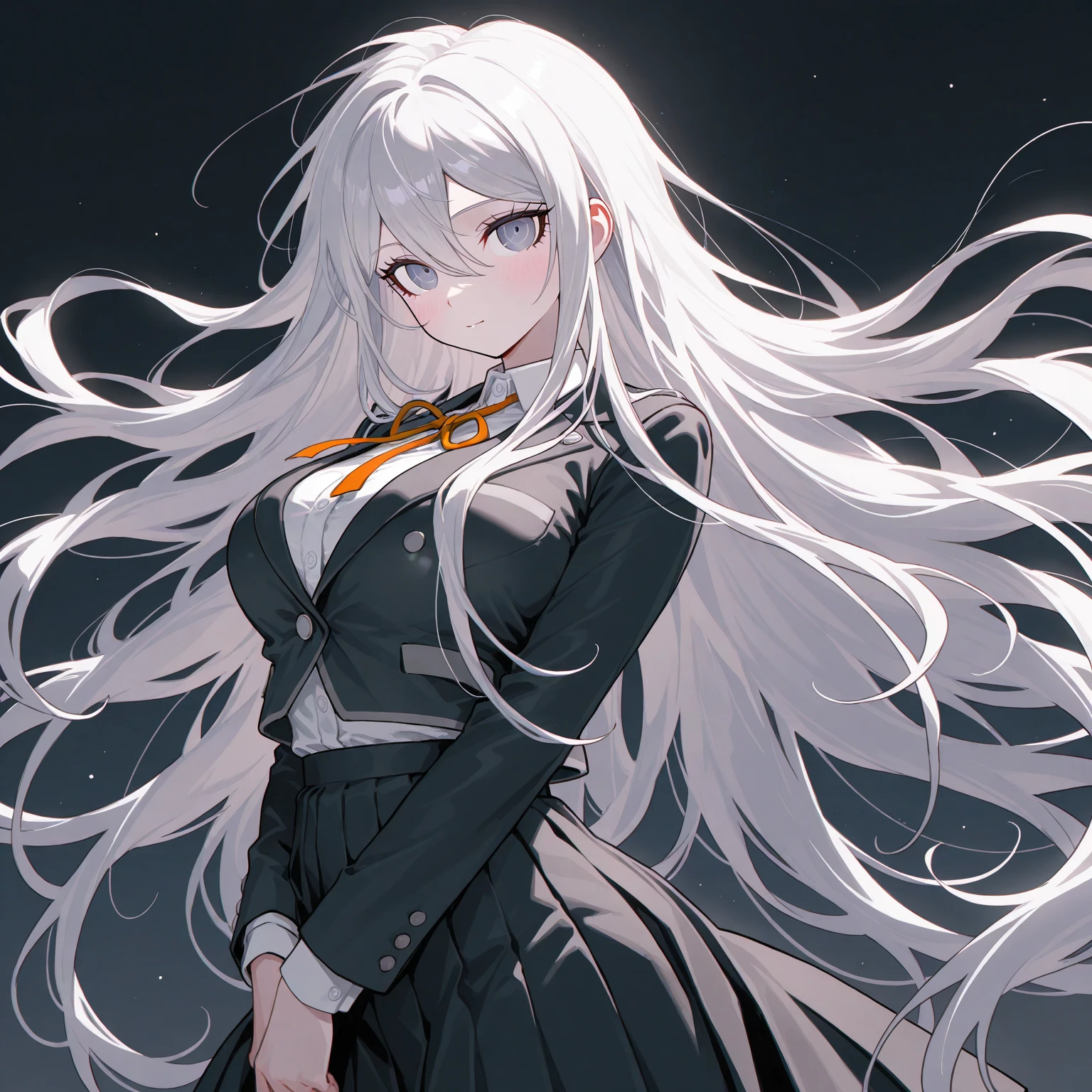 older girl, White hair, silver eyes, calm smile, White jacket, black shirt, short black skirt, white sports shoes, black knuckleless gloves, black  white stockings.