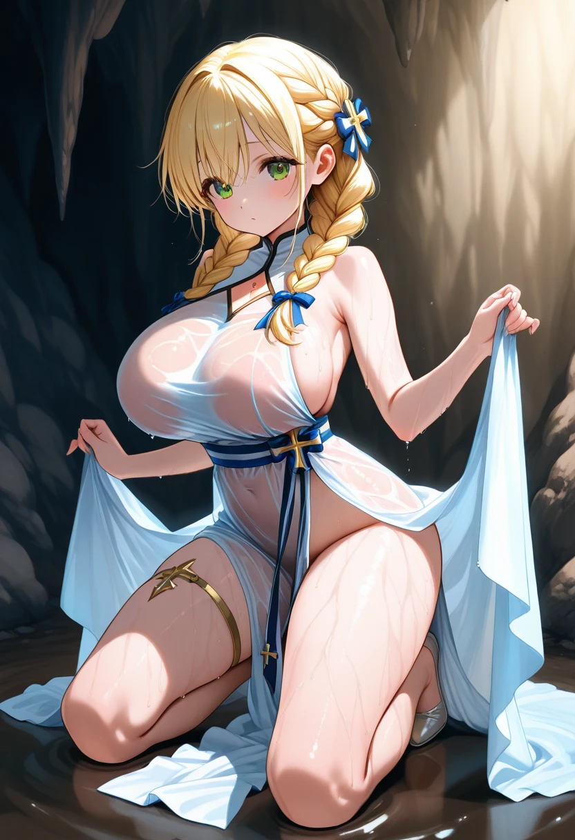 ((highest quality、High resolution))、A beautiful woman、Perfect body、beautiful ample breasts、Nipples、Long blonde、bangs、Blue and white、embellished  dress、skirt、a  excited look、Legs wide open、((I'm inviting you to have sex))、Outdoor Scenery