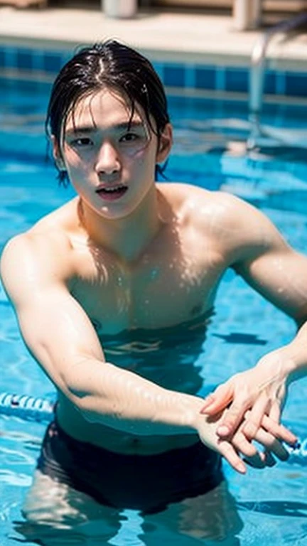 (((????, perfect body, high light, 8K:3.5))), (One man, Beautiful ?????, Completely ?????, Young Vietnamese:2.62), (16 years old), ((Perfect handsome man, Small and beautiful face, ???????, Energetic Inspiring, beautiful:2.83)), ((Medium length hair with symmetrical center parting:2.6)), (tones, 8 Pack Abs, Slim and muscular, Hair-free skin:2.75), ((looking at viewer, Sitting in a tropical pool)), (((best ?????, best legs, best ?????????, best fingers))), (oily body:1.8), (sweat:1.5), necklace, ear cuff, bracelet, best ???????