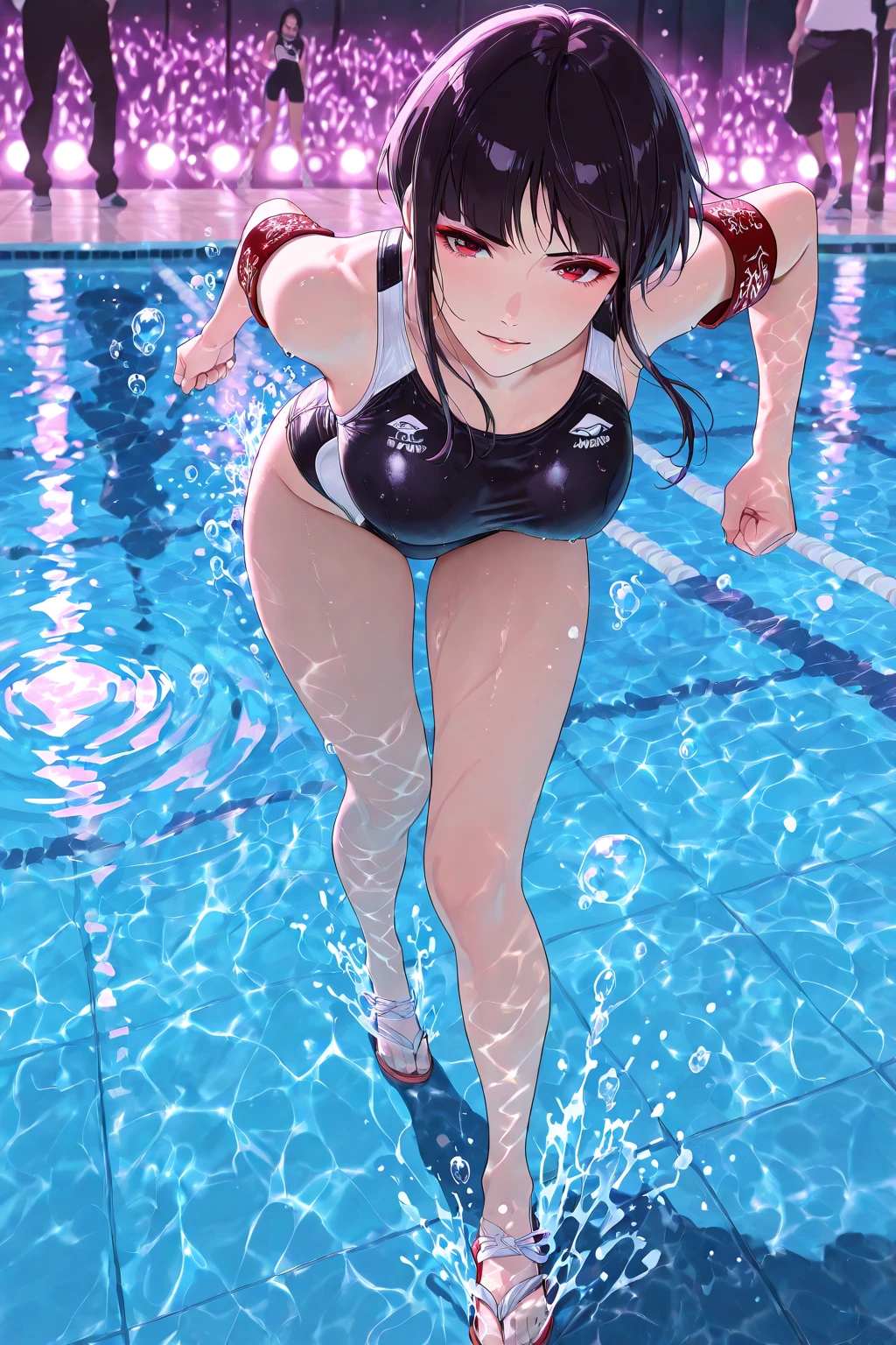 ,  Women in public waterpark, show   and , many people around her, flash her , people touch her 