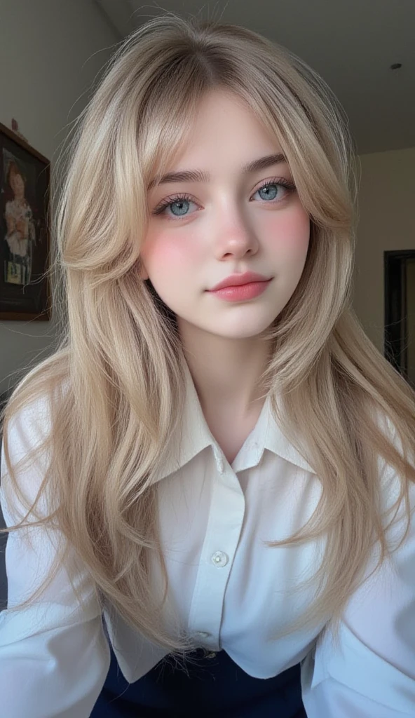 girl with long blonde hair with waves and gray eyes with freckles big lips pink cheeks very beautiful realistic version of latin face with spectacular body 