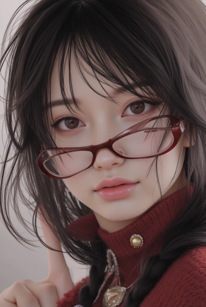best quality, 27's years old women, solo, cartoon portrait , simple background, black long hair fluttering hair, pink lips, black shirt, black glasses, smile on her face, closed his eyes