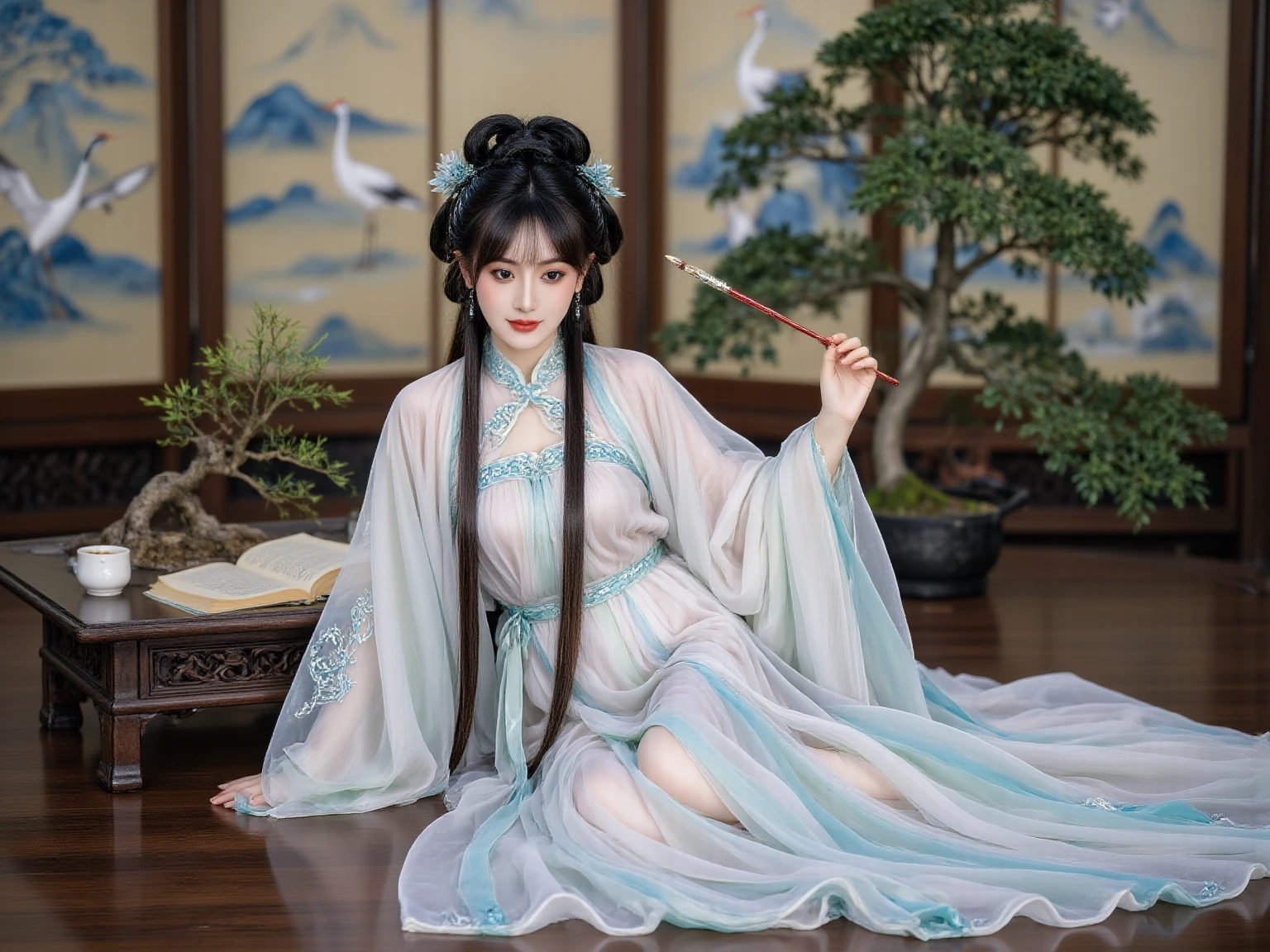 beautiful Japanese elf, (elf ears)perfect and angelic face, long black hair, (decorated with flowers) fringe, full body, holding a fan, wearing a beautiful short tight dress made of leaves,she's sitting on stone surrounded by sparkling flowers (high quality),(refined details)