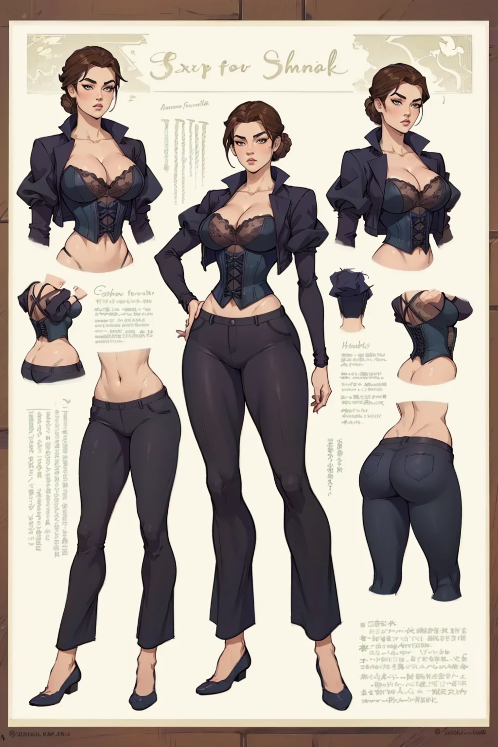 (masterpiece:1.3), (disorganized:1.3), (highest quality:1.3),(perfect anatomy),detailed face,Steam punk, victorian era,Hong kong,various angle (front,side,back),character sheet,model sheet,reference sheet,(Super detailed:1.3),(best shadow:0.7), solo,1 middle aged woman,saggy small breast,(treated hair), pixie cut,fine eyes, beautiful eyes, 1 middle aged woman, ((saggy small breast)),naval officer,alone, standing, crystal earrings,closed_mouth, arm_behind_return, (naval uniform,pencil skirt,tie), rest outdoors, intimidating pose,cowboy shot