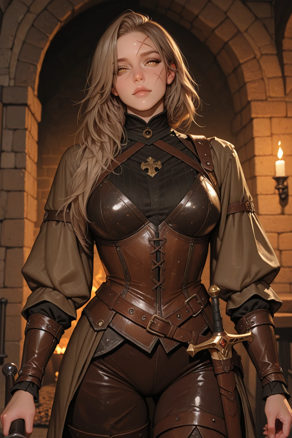 masterpiece，The best quality at its best，High resolution，8k，((Portraiture))，(Cowboy Shot:1.3)，Original photo，Actual photo，Digital photography，(Medieval fantasy female adventurer)，(Fantasy World Fighter)，18-year-old girl，(Black and red hair gradation)，gray random hairstyle，Red eyes，(白とgrayのグラデーションのロングヘア，gray)，(Big Breasts)，Lavish décor，Lips parted，Make your lips look more attractive and glamorous，((Blushing))，Arrogant contempt，calm and handsome，(Medieval Fantasy Battle Suit，joint armor，Lightweight Leather Protection，Beautiful magic badge，Medieval armor made from a combination of leather and metal，Delicate pattern，Cape)，(Woman warrior)，Photo pose，medieval character medieval fantasy style，Wet day，lightning，Forest Background，oc rendering reflection texture