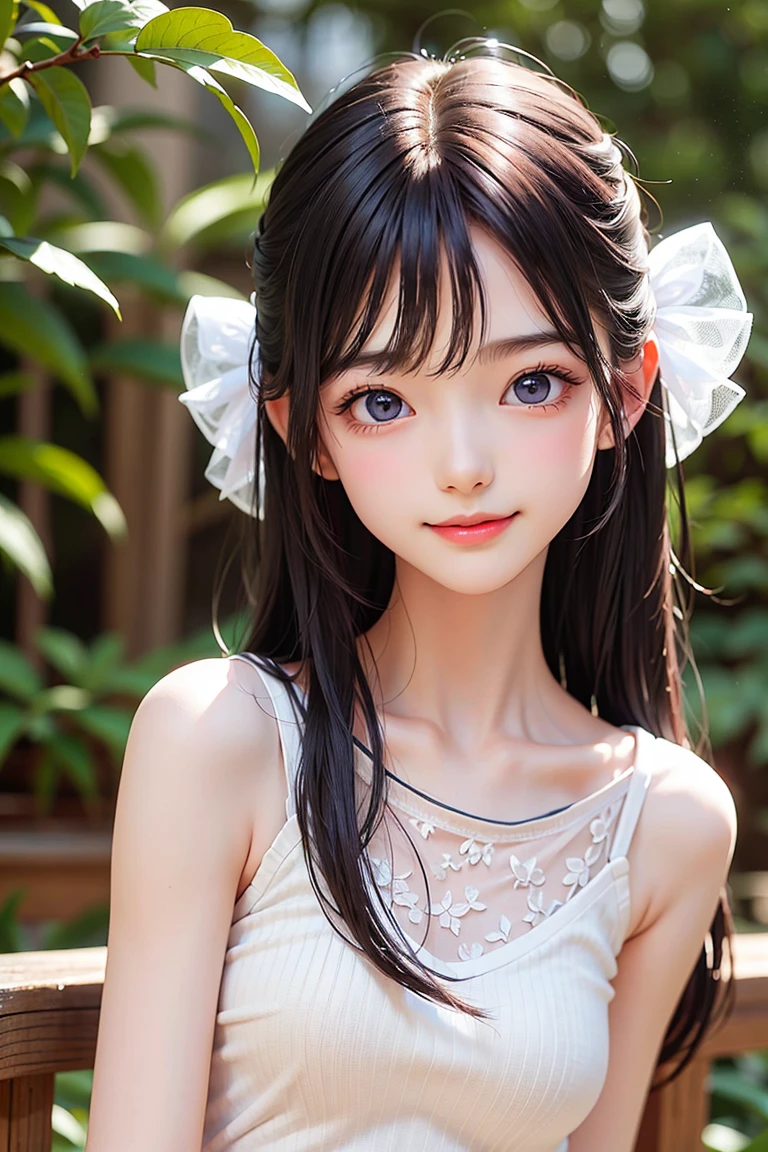 one girl、smile:0.1、pretty girl、brown hair、baby face、young、delicate girl、Upper body、small 、unreasonable precision、Super detailed、camisole、completely flat、Honesty、thin arms, professional lighting, film grain, chromatic aberration, (Eye and face details:1.0), (Bokeh:1.1)、school swimwear)))、software:1.5)))、 highest quality, 8k, 14 years,