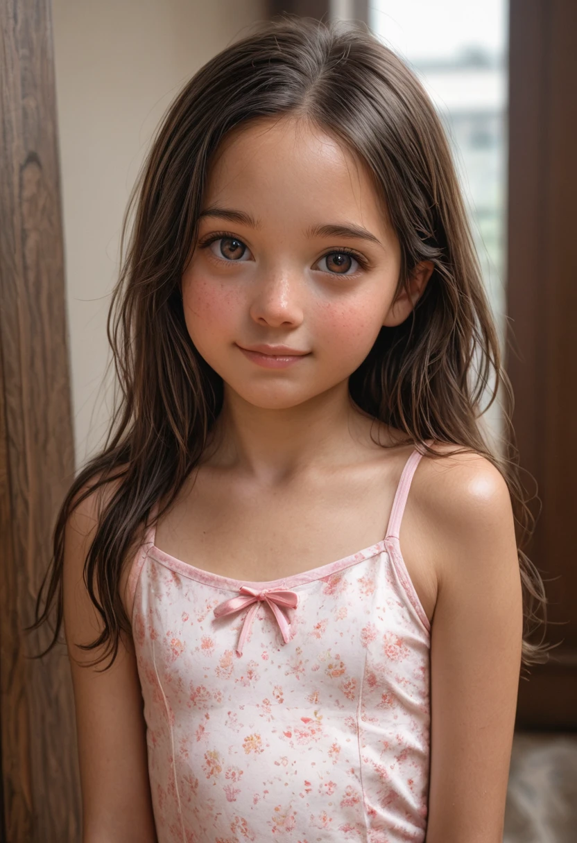 A  beautiful face 13 years old girl, in cute dress,, white shirt, taking shower