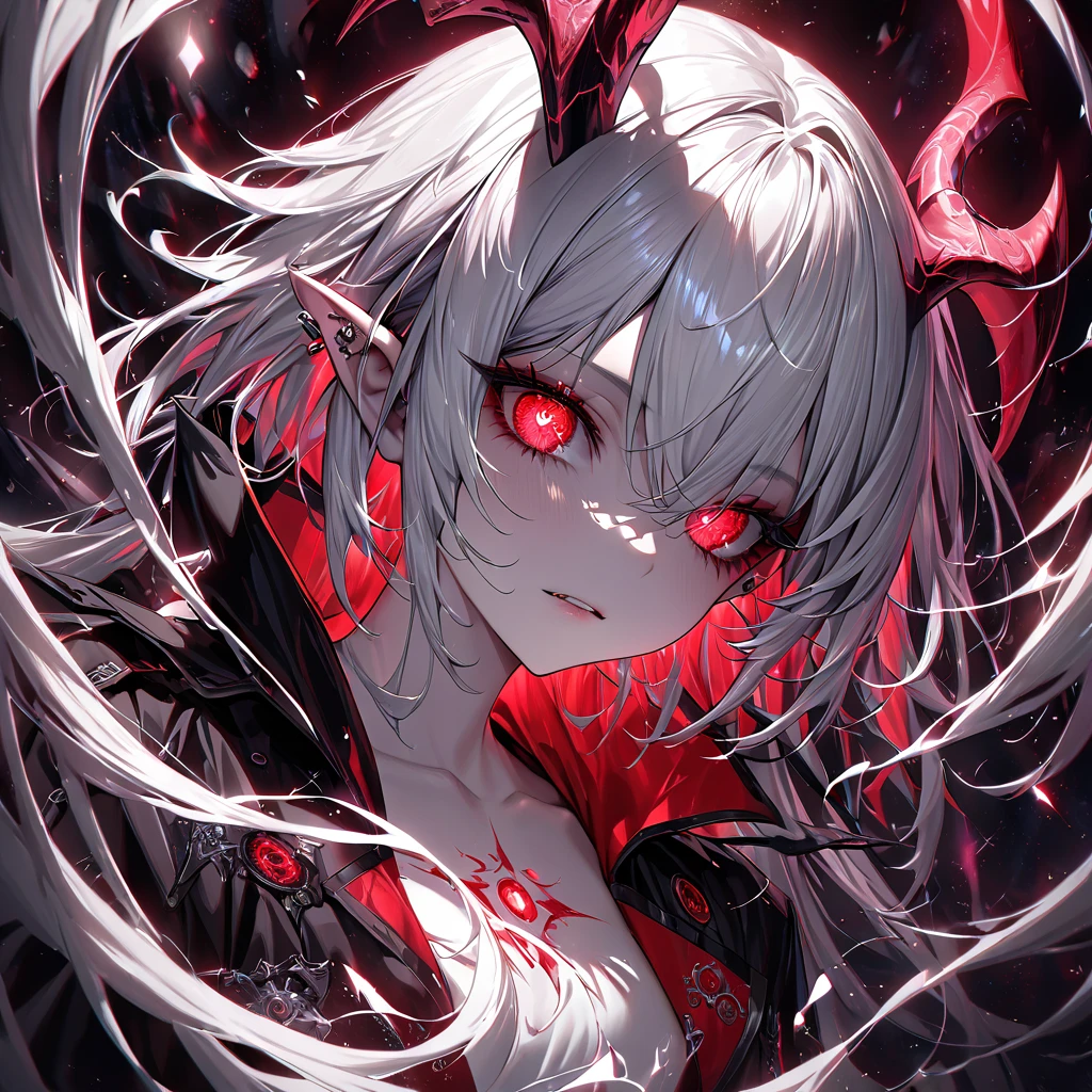 facing front, pink pony, fangs, red eyes, white irises, white hair, bat wings, succubus tail