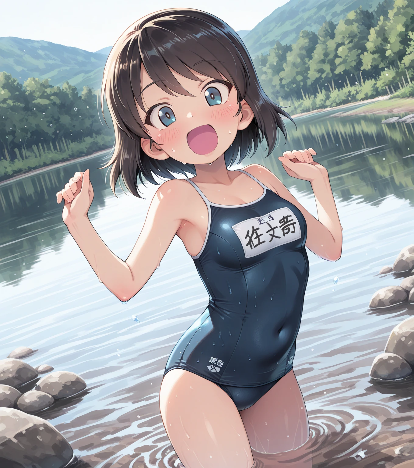 Japanese countryside,Paddy field,Muddy,smile,Are standing,close your eyes,1. small ,short hair,Black Hair,blush,Navy blue school swimsuit,barefoot,White skin,From below,shy,Sweaty,Wet,PAW Pose,Mouth wide open,