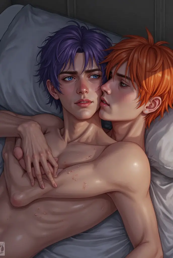 score_9, score_8_up, score_7_up, rating_????????, source_anime, 2boys, couple boys, ?????, Lying in bed, green eyes, orange hair, Freckles, navel, brown hair, blue eyes, kissing each other, wet